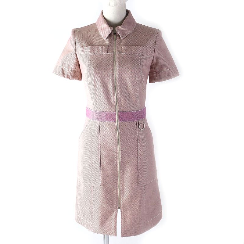 Hermes 100% Cotton Short Sleeves Zip-up Dress Pinkish 34 Women's
