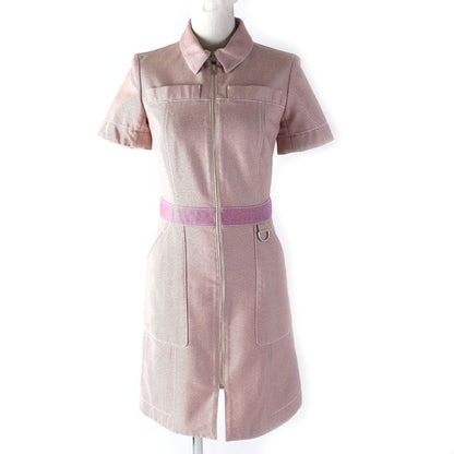 Hermes 100% Cotton Short Sleeves Zip-up Dress Pinkish 34 Women's