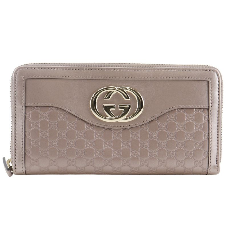 Gucci Interlocking G Round Zipper 308012 Striped Leather Pink Ladies Long Wallet