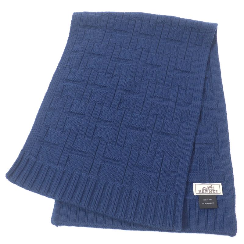 Hermes 100% Cashmere H Logo Knitting Knit Scarf Navy Men's And