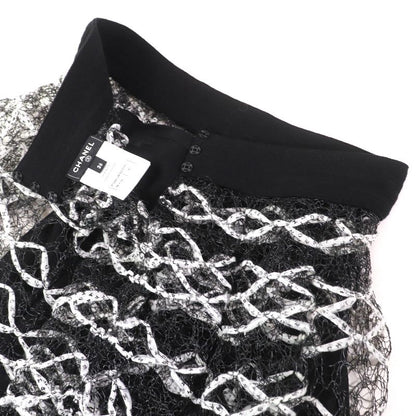 CHANEL P58857 Coco Mark Logo Ribbon Mesh Flared Skirt Black White 36 Made In