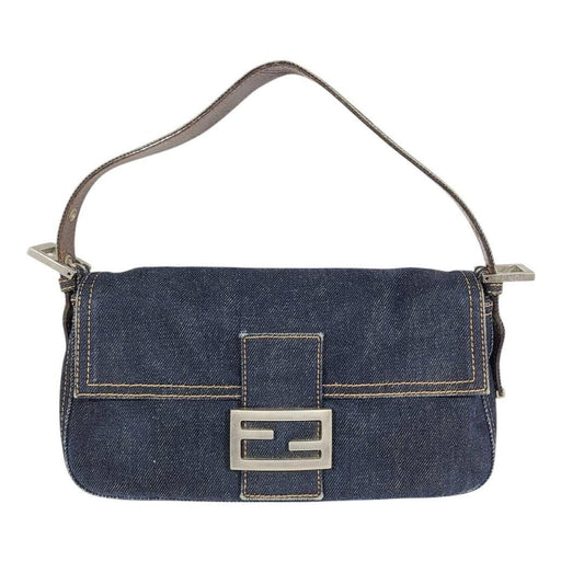FENDI Mamma Zucca Bucket Baguette Shoulder Flap Bag Denim Purse Tote