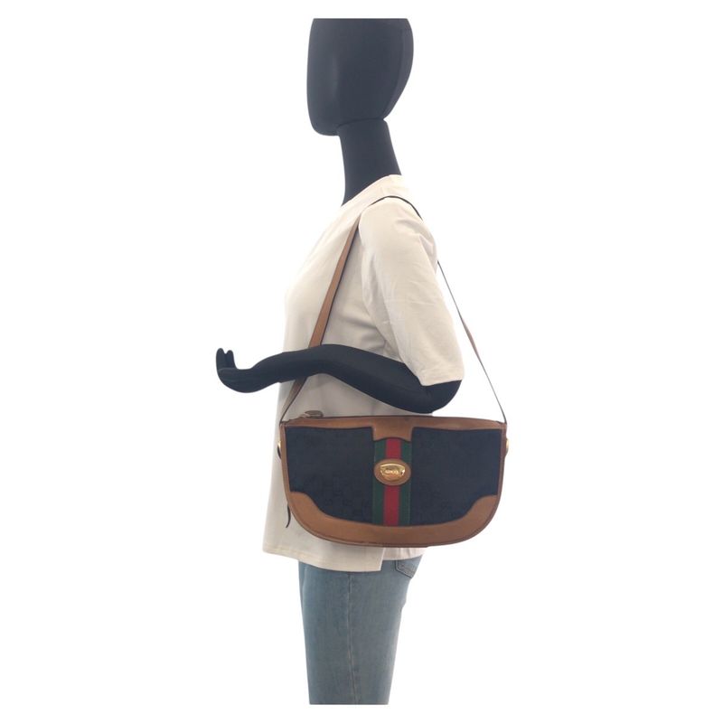Gucci Vintage Old Gucci Sherry Line Black Brown GG Canvas/leather Shoulder Bag