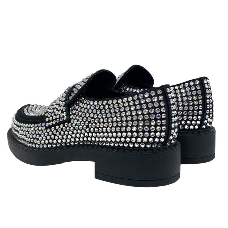 Prada Loafers Leather Shoes Satin Black Crystal Rhinestone Logo Plate Men's