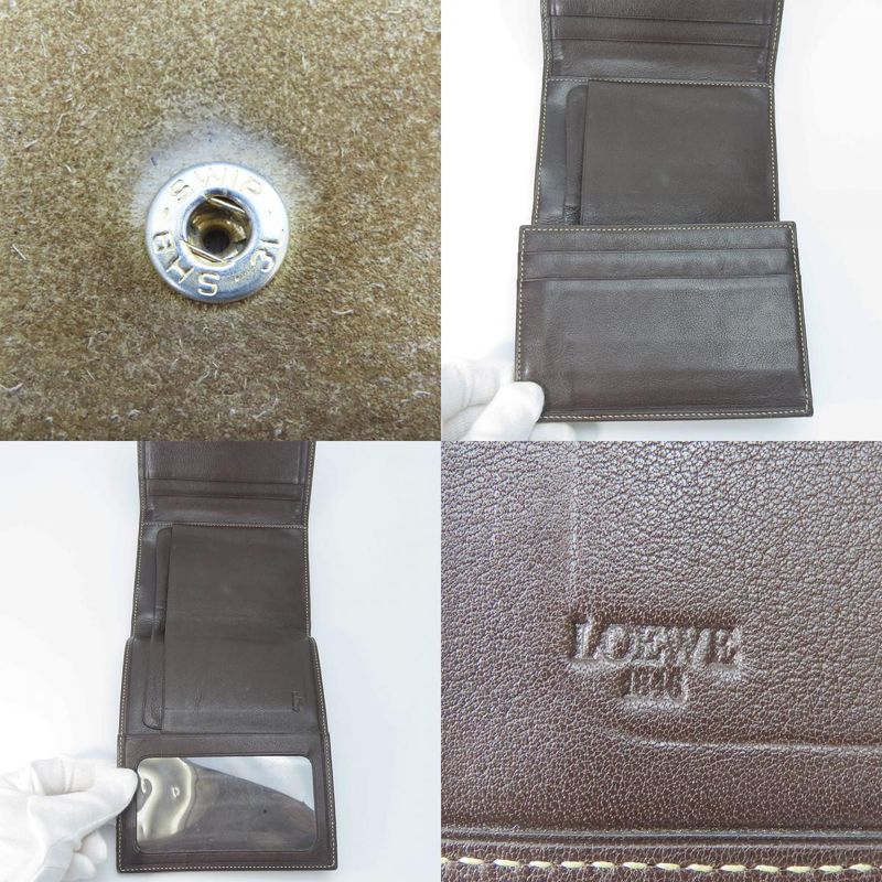 Loewe Trifold Wallet Suede Leather Khaki Brown Gold Hardware Anagram Clasp