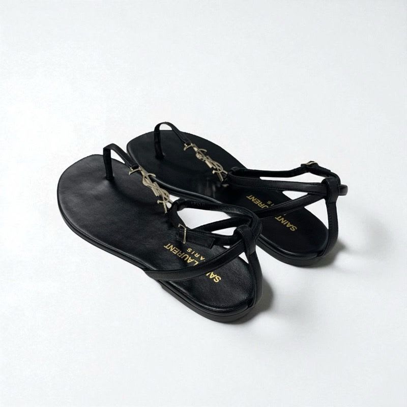 Saint Laurent Cassandra Sandals Shoes Leather Black Gold YSL Hardware Strap