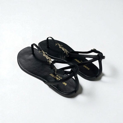 Saint Laurent Cassandra Sandals Shoes Leather Black Gold YSL Hardware Strap