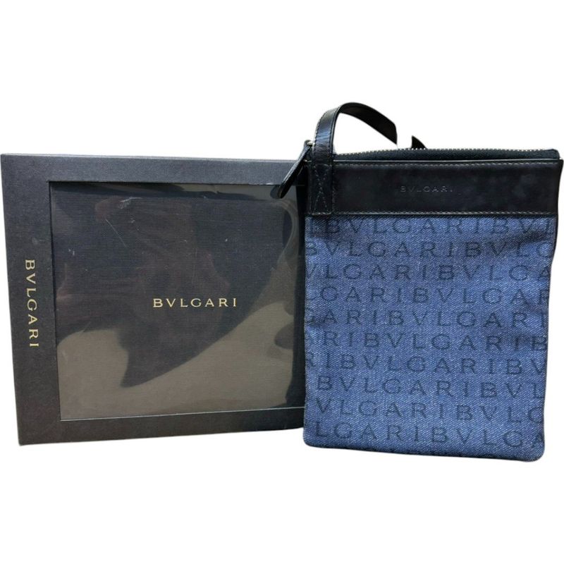 Bvlgari ⑤ 21528 Flat Pouch Souhlder Strap Unisex Indigo