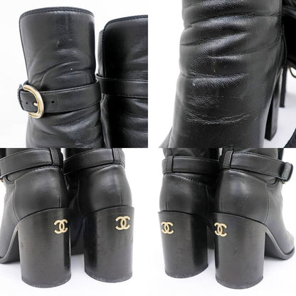 Chanel Ankle Boots 34 1 2C Black G38064 Leather Patent CC Mark Shoes