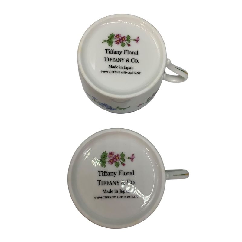 0982 Tiffany & Co Set of 2 Cups Flower Design White Pair of Mugs Boxed Used
