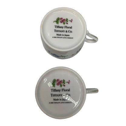 0982 Tiffany & Co Set of 2 Cups Flower Design White Pair of Mugs Boxed Used