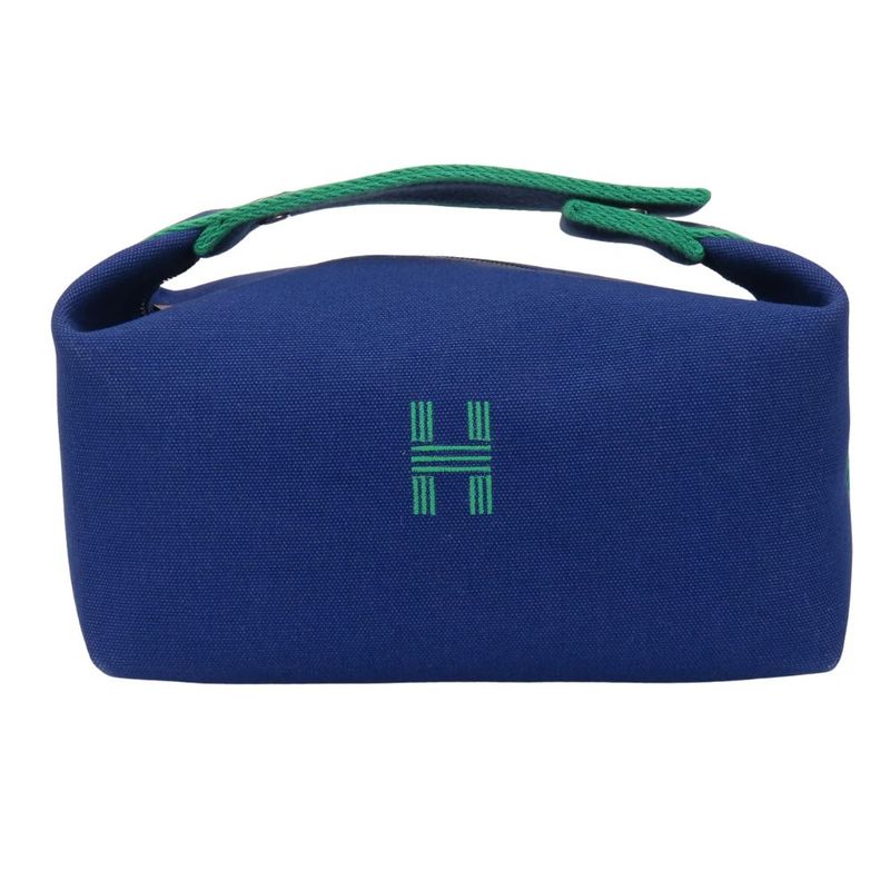 Hermes Pouch Bride-a-black PM Cotton Navy Green Silver Hardware Everyday Use