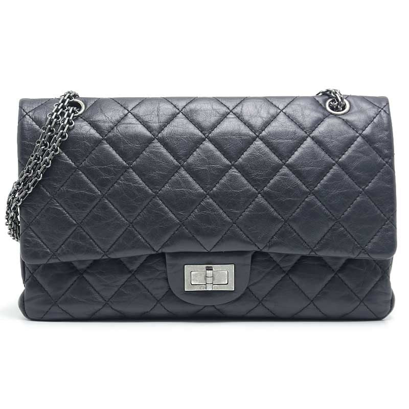 Chanel 2.55 Chain Shoulder Bag Black Calf Silver Hardware