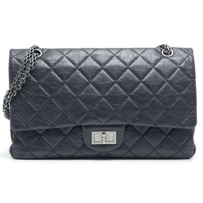 Chanel 2.55 Chain Shoulder Bag Black Calf Silver Hardware