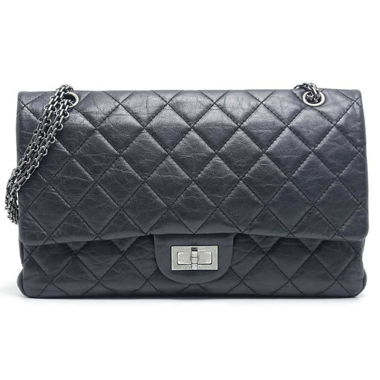 Chanel 2.55 Chain Shoulder Bag Black Calf Silver Hardware