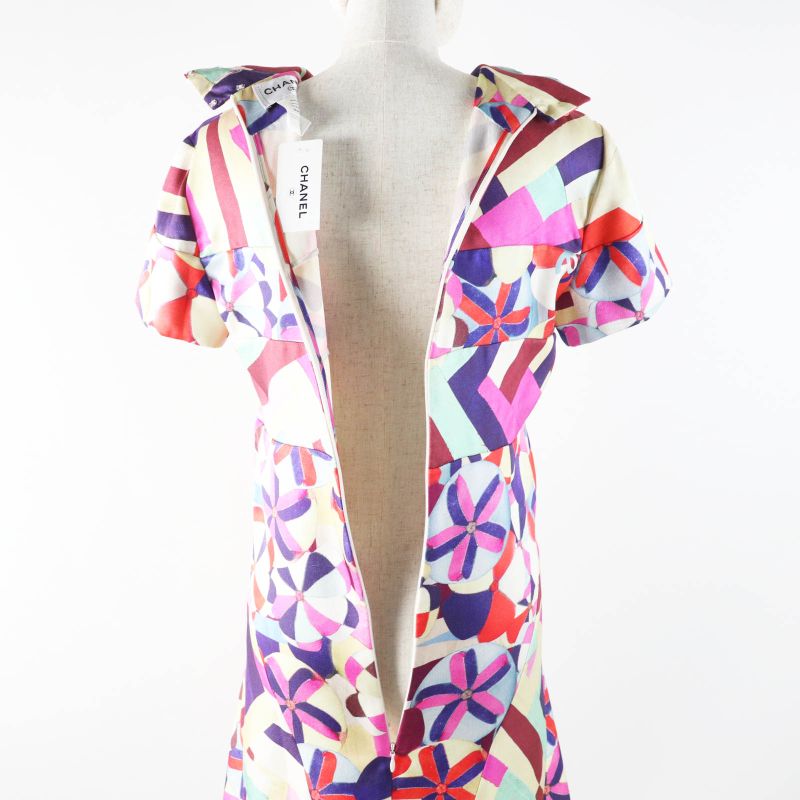 CHANEL P53088 16C 100% Silk Coco Mark Pattern Short Sleeve Dress Pink Blue Red