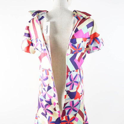 CHANEL P53088 16C 100% Silk Coco Mark Pattern Short Sleeve Dress Pink Blue Red