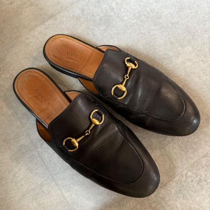 Gucci Prince Town Horsebit Slip on Loafer Leather Black Gold 37 24cm (9.45in)