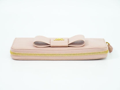 Authentic Prada Ribbon Round Zipper Long Wallet Long Wallet Leather Pink Wallet