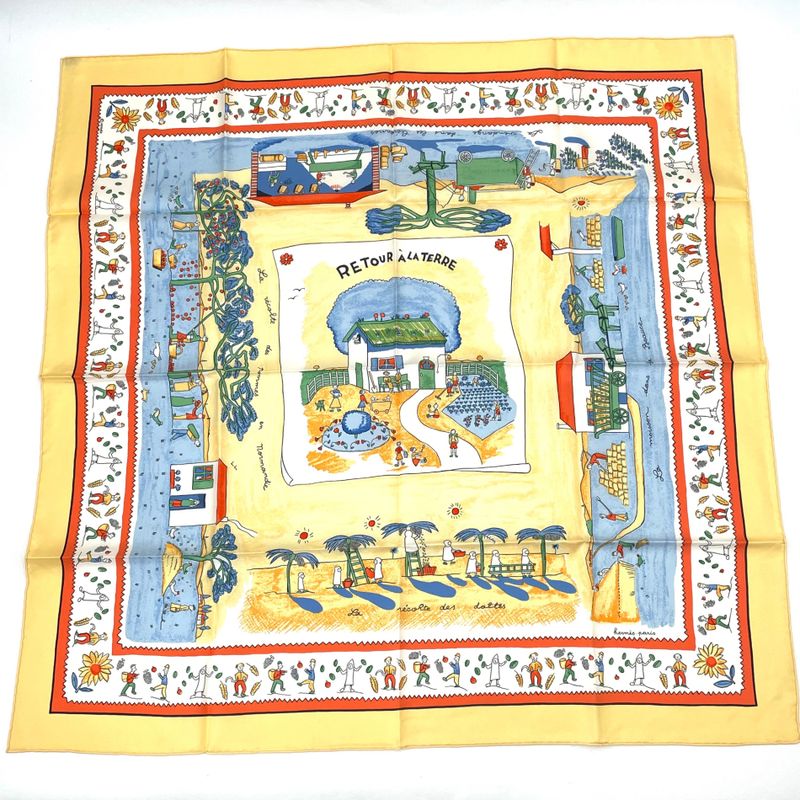 Hermes Carre 90 RE TOUR A LA Terre Back Home 100% Silk Scarf Yellow