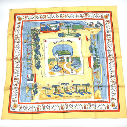 Hermes Carre 90 RE TOUR A LA Terre Back Home 100% Silk Scarf Yellow