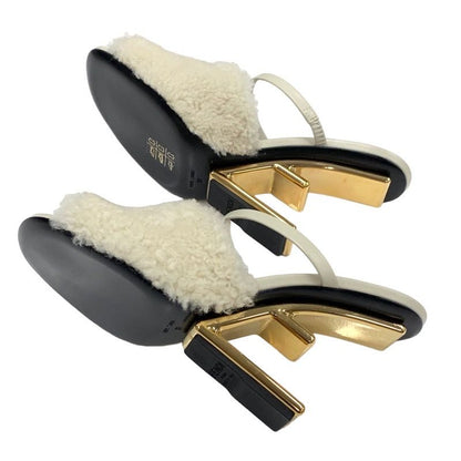 Unused Fendi First Sandals Mule Party Shoes Metal Heel Sheepskin Beige