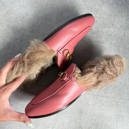 Gucci Prince Town Horsebit Loafer Sandal Fur Slip on Pink Gold Hardware Leather