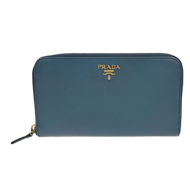 Prada Long Wallet Round Zipper Saffiano Blue 30ka915