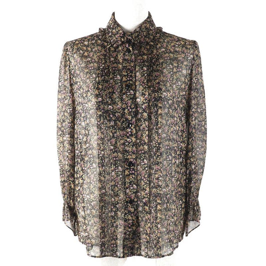 Celine 100% Silk Flower Print Floral Pattern Frilled Collar Logo Button Chiffon