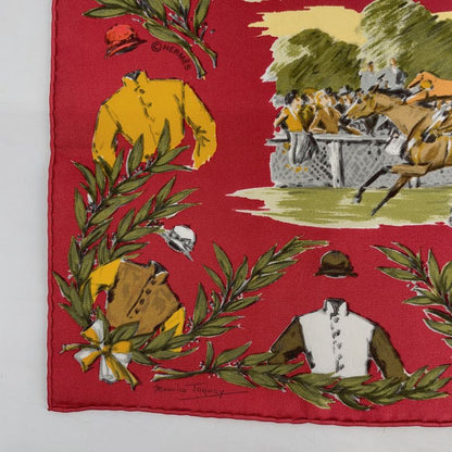Hermes Carre 45 Chantilly Chien Ti Racecourse Red And Multicolor 100% Silk Scarf