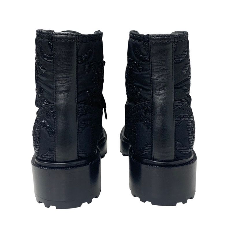 Chanel Boots Short Boots Shoes Fabric Black Here Mark Lace Up Pearl
