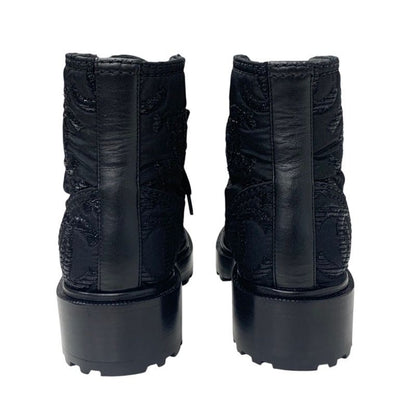 Chanel Boots Short Boots Shoes Fabric Black Here Mark Lace Up Pearl