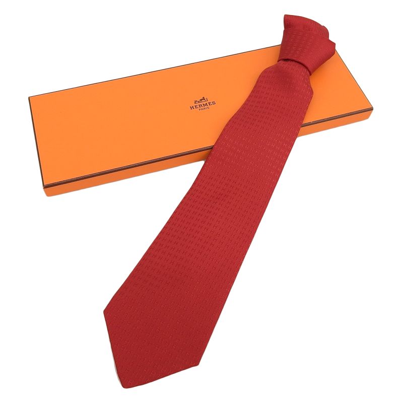 Hermes 038189t 100% Silk Rouge Clavat Fassone H Motif Tie With Box Made In