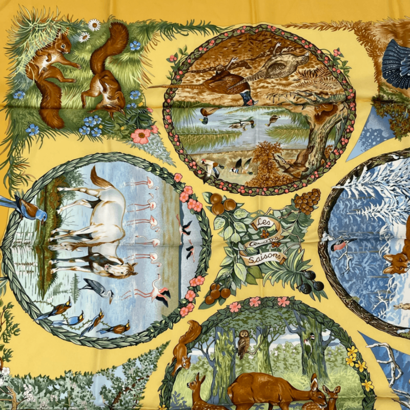 Hermes Carre 90 Les Quatre Saisons Four Seasons Silk Scarf Yellow