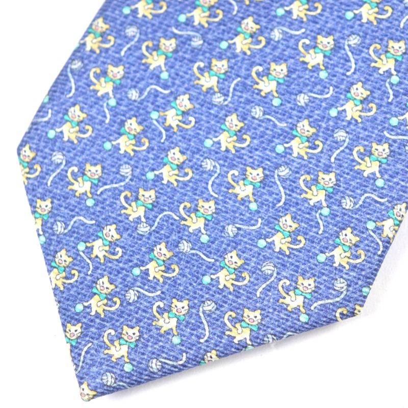  Bvlgari 100% Silk All-over Cat Wool Ball Tie Blue With Box Made In Italy