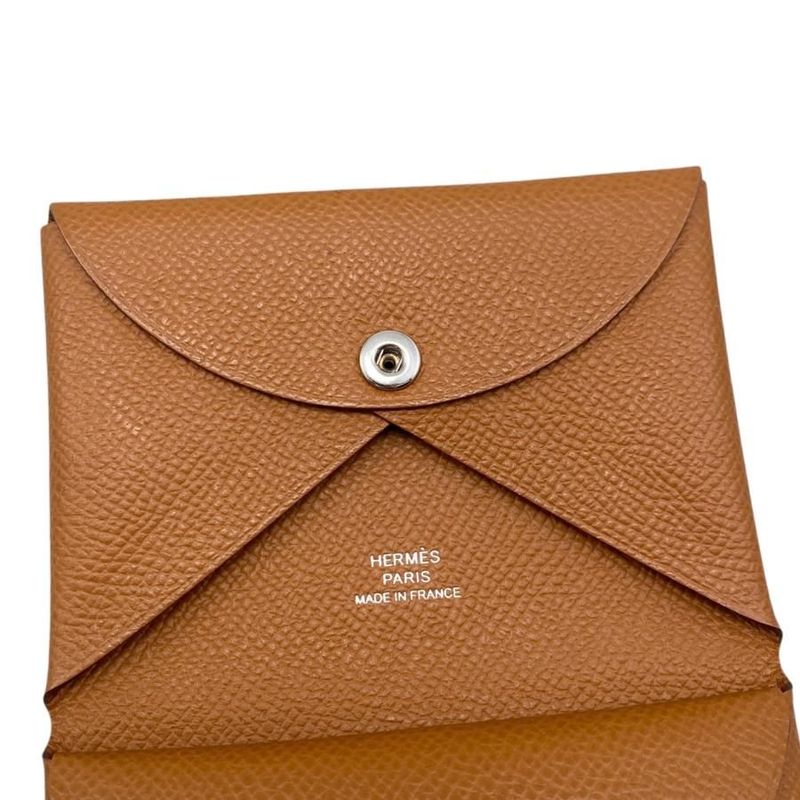 Hermes Card Case Coin Case Calvi Duo Engraved B Gold Brown Silver Hardware