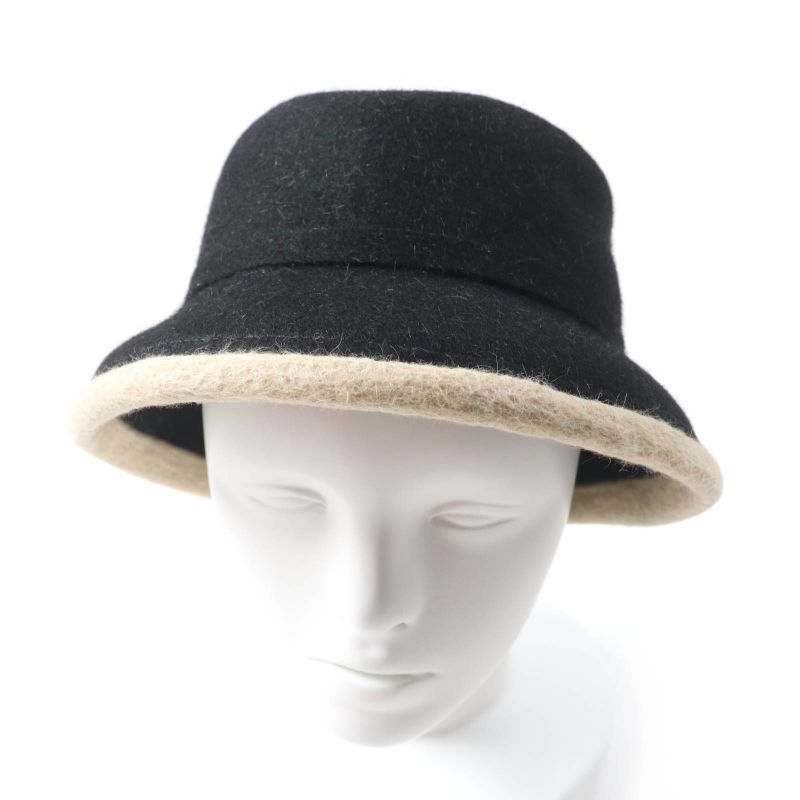 Hermes 100% Wool None Felt Hat Bucket Hat Black Beige 56 Genuine