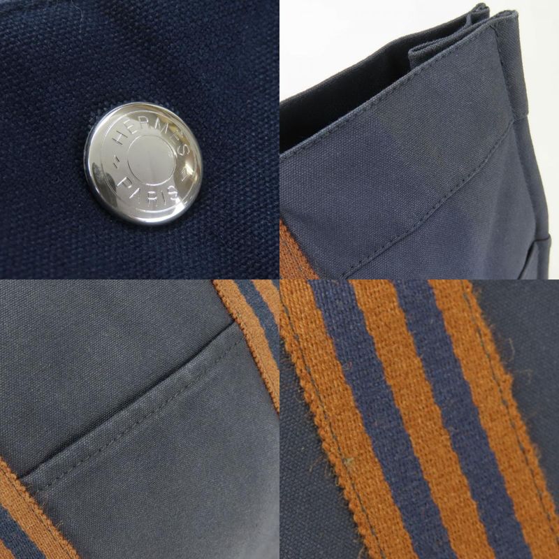 Hermes Tote Bag Fourre Tout MM Cotton Canvas Navy Brown Business Stylish Ladies