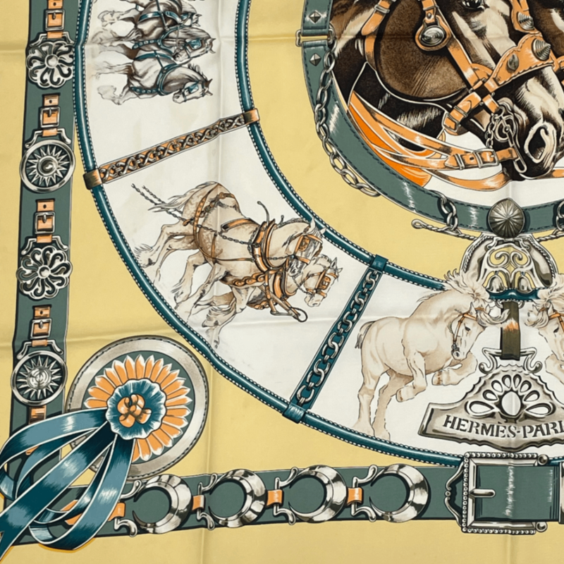 Hermes Carre 90 Chevaux DE Trait Cart Horse Scarf Silk Yellow