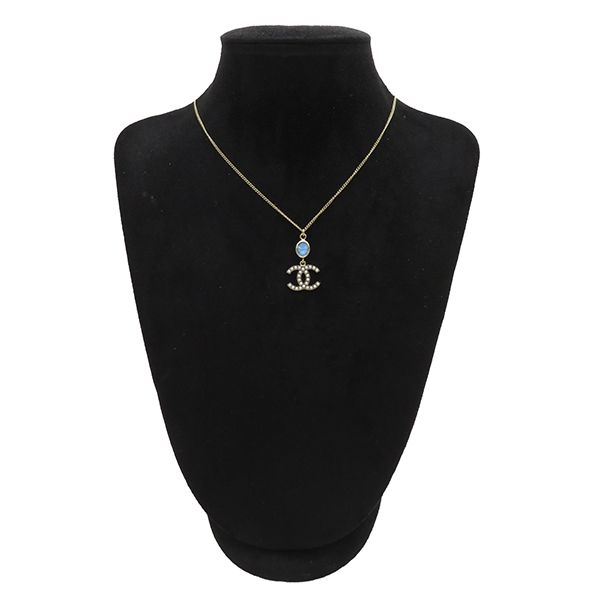 Chanel Necklace Coco Mark Swing Necklace GP Faux Pearl Colored Stone Blue X