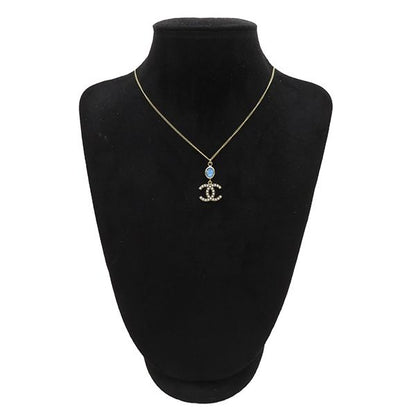 Chanel Necklace Coco Mark Swing Necklace GP Faux Pearl Colored Stone Blue X
