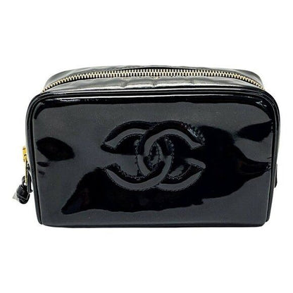 CHANEL CC Patent Leather Vanity Cosmetic Makeup Case Pouch Black Bag