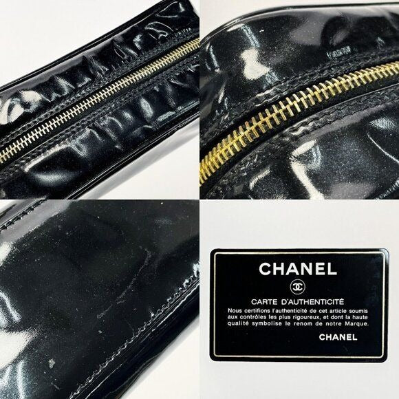 CHANEL CC Patent Leather Vanity Cosmetic Makeup Case Pouch Black Bag