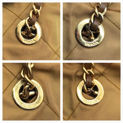 Prada Triangle Logo Nylon Tessuto Chain Tote Camel