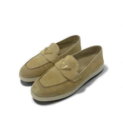 Prada Loafers Leather Shoes Suede Beige Gold Triangle Logo