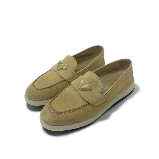 Prada Loafers Leather Shoes Suede Beige Gold Triangle Logo