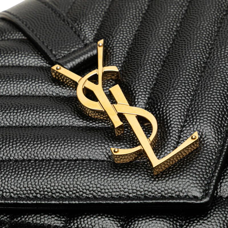 Saint Laurent Envelope Chain Shoulder Bag Handbag Black Gold Leather Women