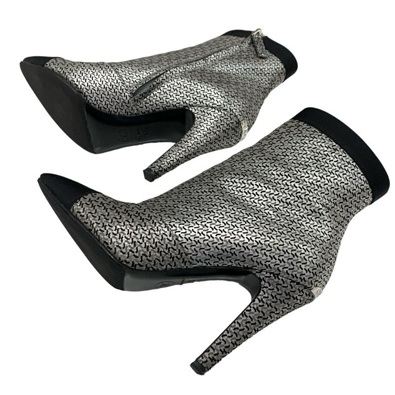 Chanel Boots Short Boots Shoes Fabric Leather Silver Black Logo