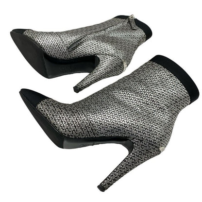 Chanel Boots Short Boots Shoes Fabric Leather Silver Black Logo