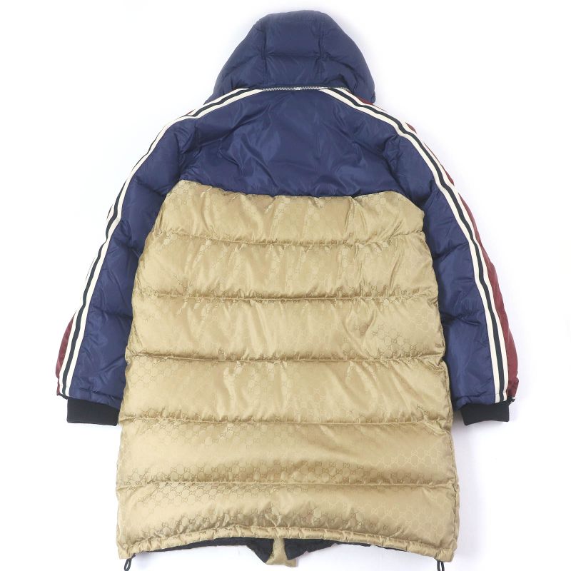 Gucci 590744 GG Logo Sideline Hooded Down Coat Bench Coat Bordeaux Blue Gold 50